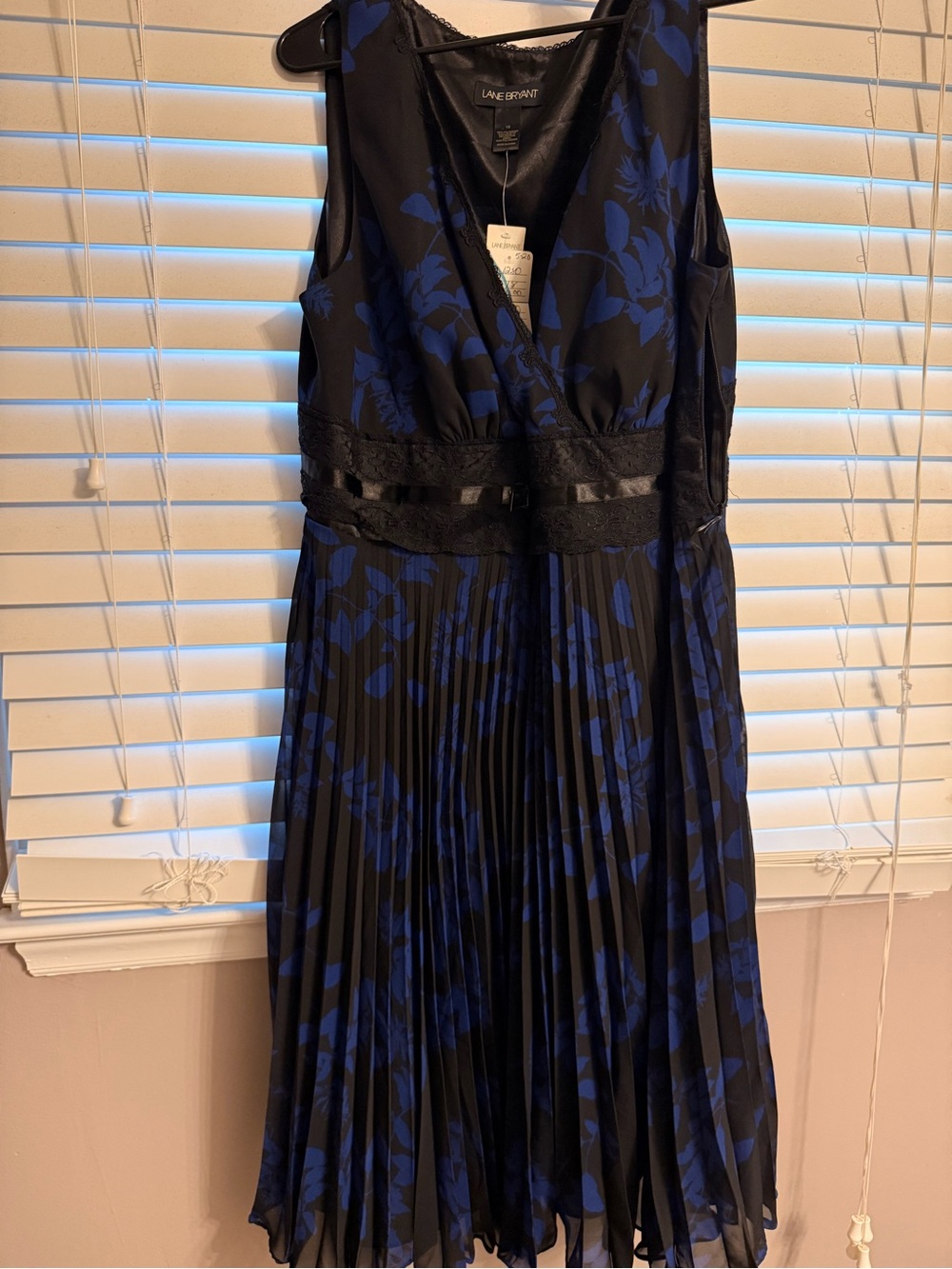 Lane Bryant Black and Blue Floral Pleated V-Neck Midi Dress